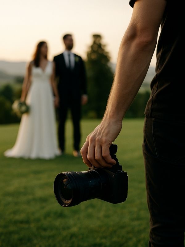Videógrafo sosteniendo una cámara mientras los novios posan en segundo plano en un entorno natural