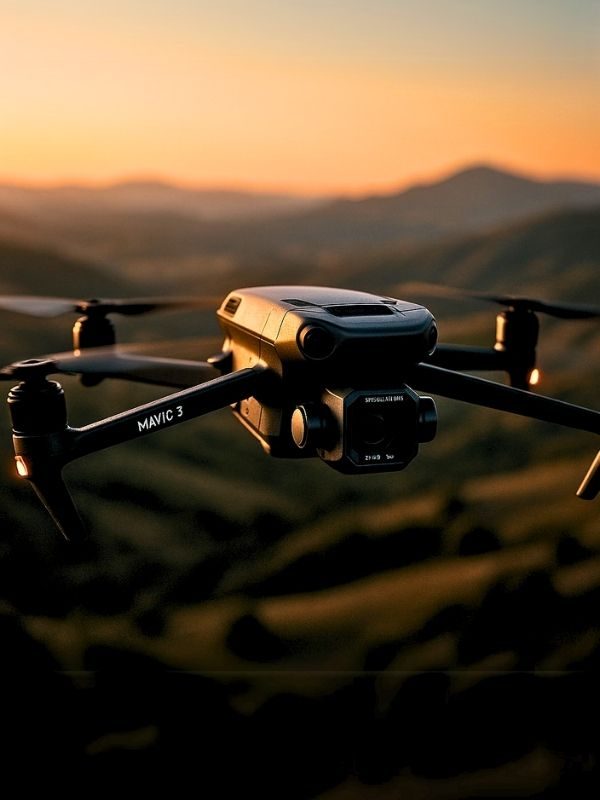 Grabación con dron certificado en evento promocional DJI MAVIC 3 Dron DJI Mavic 3 volando sobre paisaje al atardecer en grabación profesional